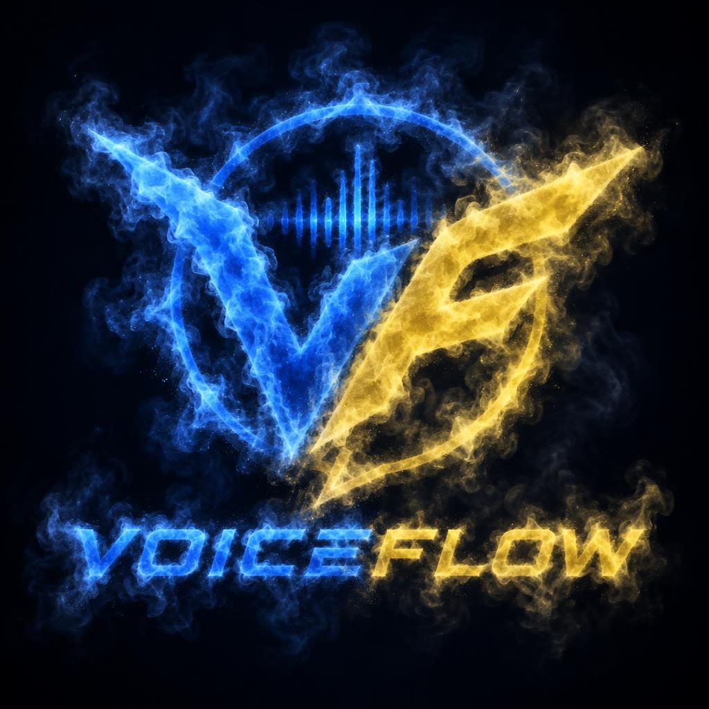 VoiceFlow logo formed from blue and yellow energy