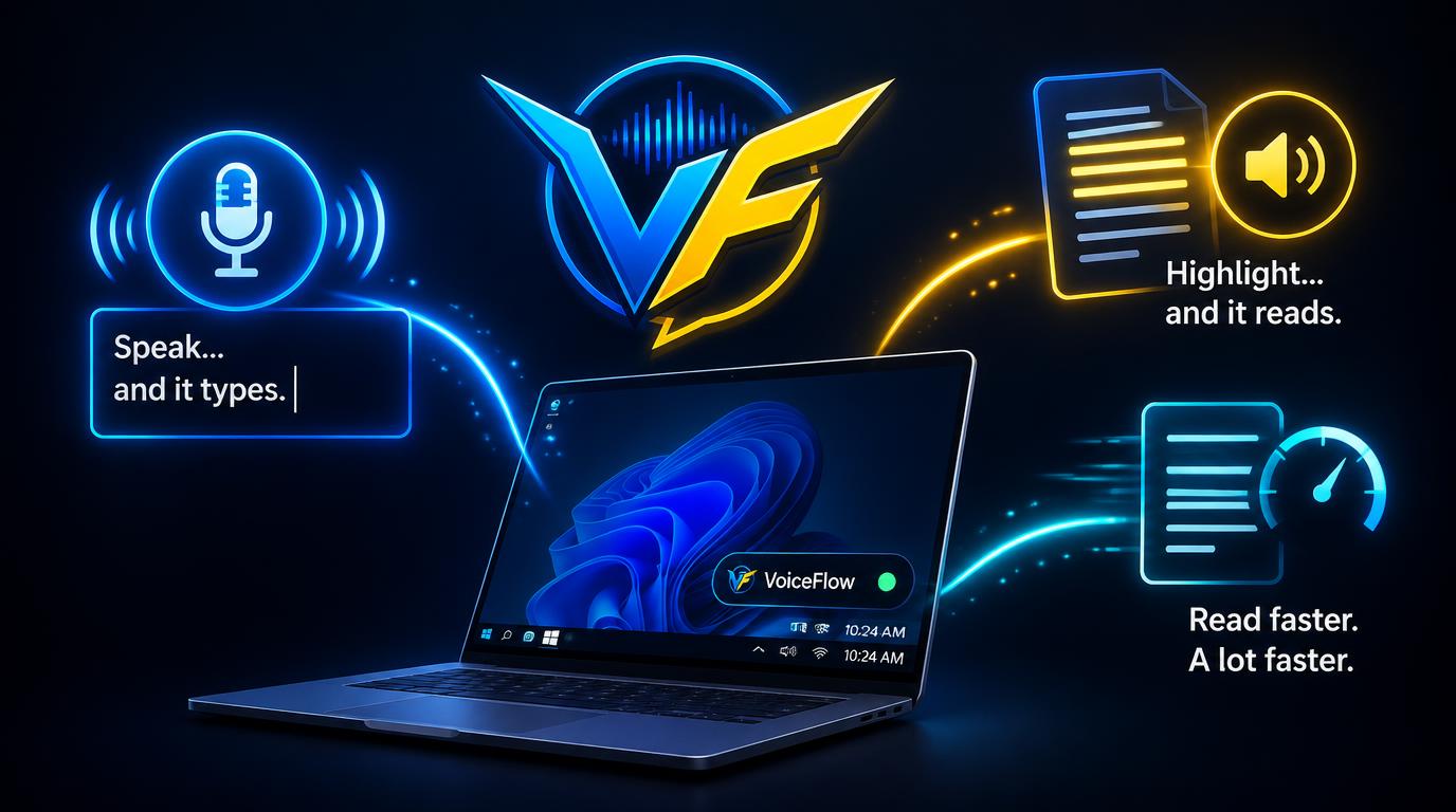 VoiceFlow on a laptop: speak and it types, highlight and it reads, read faster
