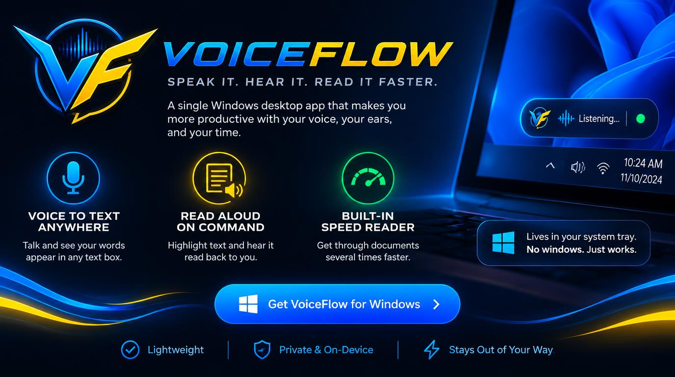 VoiceFlow banner: voice-to-text anywhere, read aloud on command, built-in speed reader